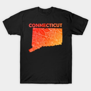 Colorful mandala art map of Connecticut with text in red and orange T-Shirt